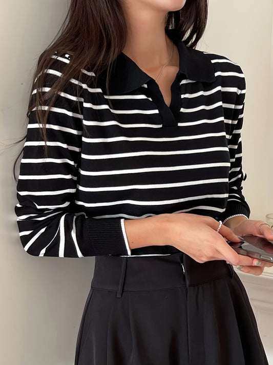 Chic Black & White Striped Collared Sweater for Women - Casual V-Neck, Long Sleeve, High Stretch Viscose Blend, Easy Care, Perfect with A-Line Skirts - ayq