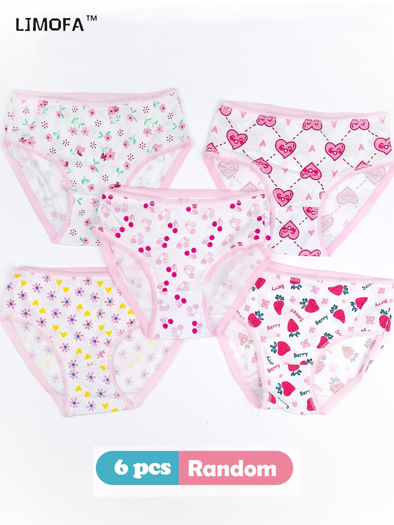 6pcs Girls' Cotton Panties, Love & Floral Pattern Soft Breathable Lace Triangle Underwear