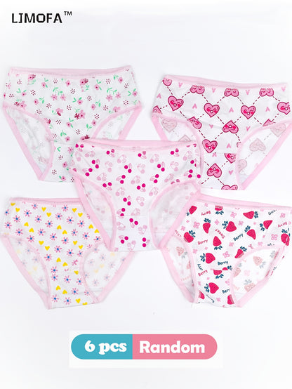 6pcs Girls' Cotton Panties, Love & Floral Pattern Soft Breathable Lace Triangle Underwear