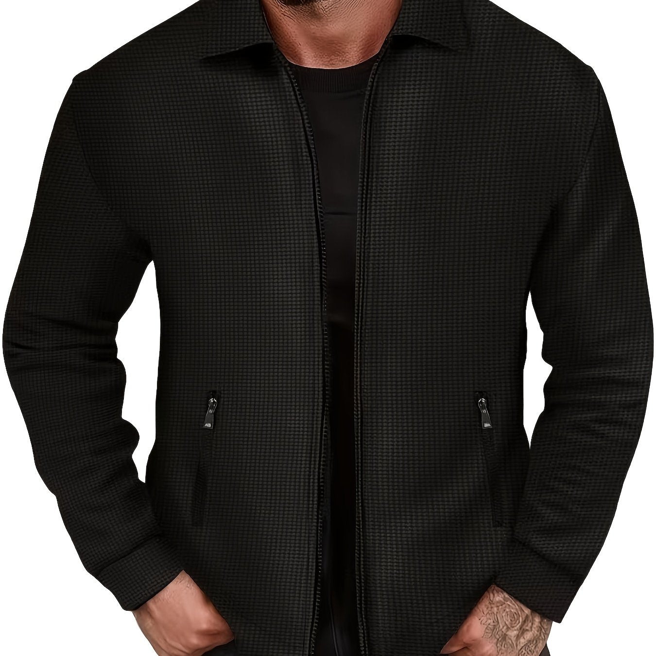 1 հատ տղամարդու ամենօրյա պոլիեսթերային կայծակաճարմանդով բաճկոն՝ օձիքով, միագույն, թեթևակի ձգվող, հյուսված կտորից, սովորական չափսերով, առանց աստառի - Գարուն/աշուն վերնազգեստ