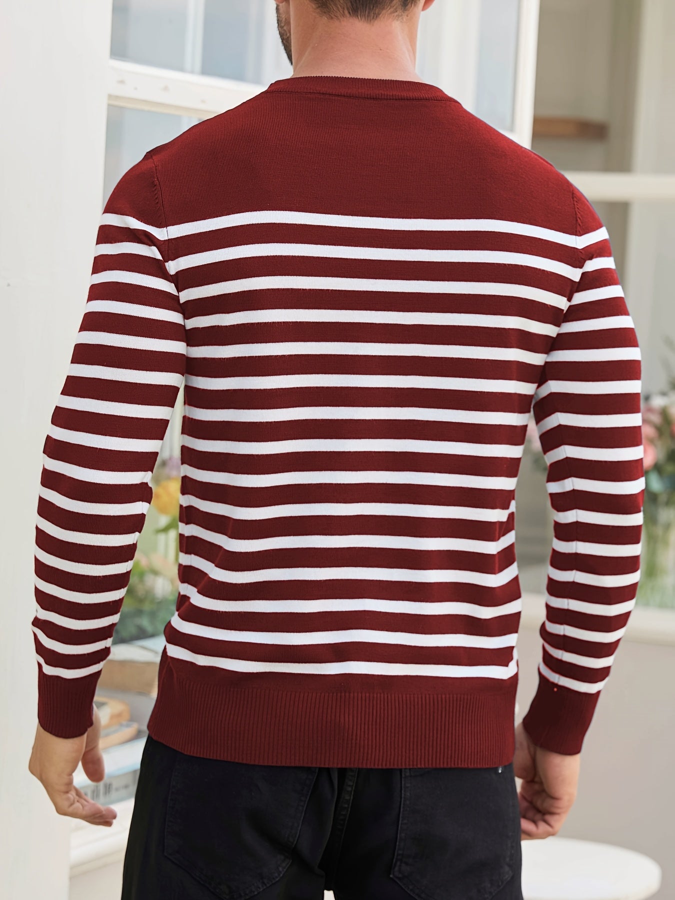 Գարնանային և աշնանային ամենօրյա երկգույն գծավոր տղամարդու սվիտեր-պուլովեր՝ գունավոր բլոկներով, կլոր վզնոցով, տղամարդու տրիկոտաժե վերնաշապիկ