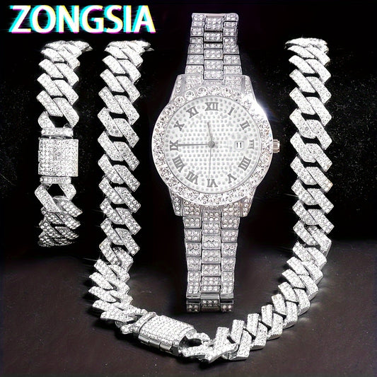 ZONGSIA Hip Hop Watch & Jewelry Set - Luxury Rhinestone-Encrusted Quartz Watch with Matching Bracelet and Necklace, Classic Male Fashion, PC Case, Alloy Strap, Electronic Drive, Non-rechargeable Button Battery, ZONGSI