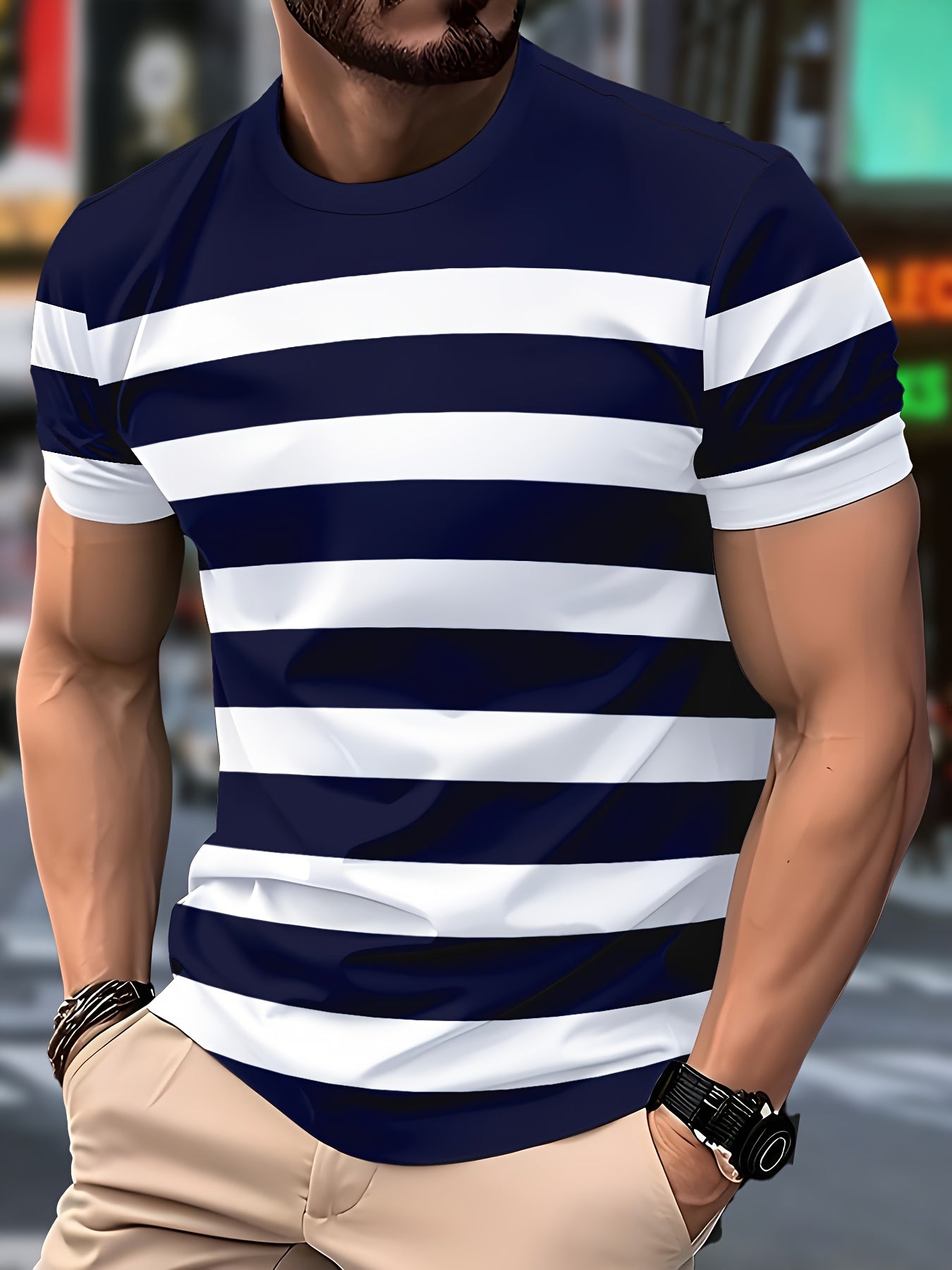 Տղամարդու կարճ թևքով, գծավոր, մուգ կապույտ, սպիտակ, ուղղահայաց շերտերով շապիկ՝ կլոր վզով, սովորական չափսերով, թեթև պոլիեսթերային գործվածքով, իդեալական է առօրյա հագուստի համար, դասական, գծավոր, թեթև շապիկ։