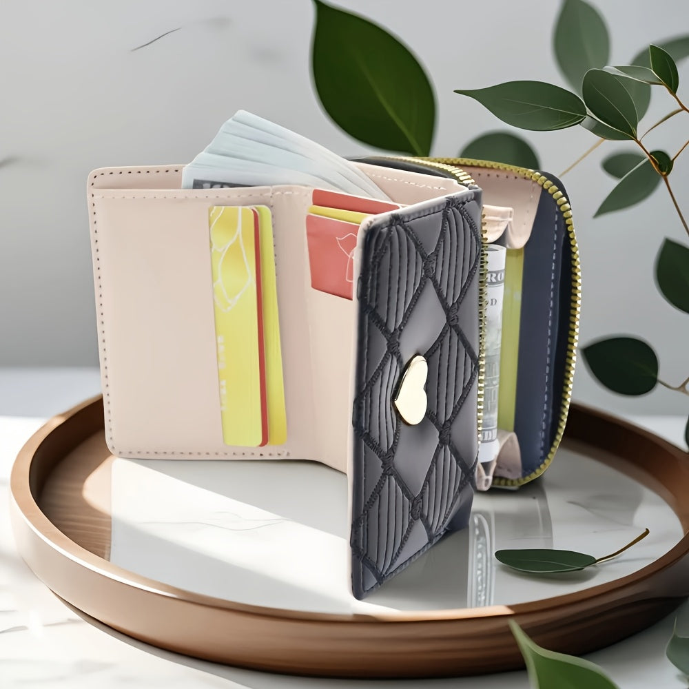 Fashion Rhombus Heart Pattern Tri-Fold Multi-Card Slot Zippered Compartment Multi-Functional Portable Mini Women's Wallet