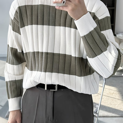 Men'S Stylish Striped Knit Pullover Sweater - Casual Round Neck, Suitable for Wearing in Spring, Autumn, And Winter