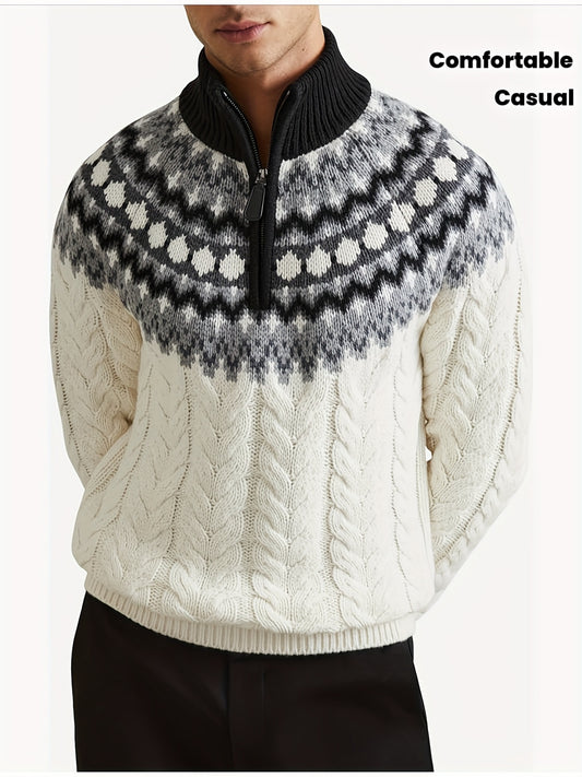 Men's Sweater - Fair Isle Pattern Sweater, Long Sleeve Pullover, Suitable for Autumn and Winter, Medium Stretch Knit Sweater, Suitable for Casual and Formal Occasions, Cold-Resistant, Comfortable and Warm