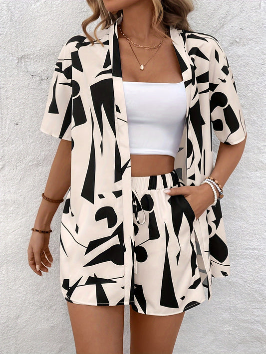 Vacation Style Geo Print կարճ հավաքածու, բաց առջևի կարճաթև ծածկոց և գոտկատեղից կապված բաց շորտեր գարնան և ամառի համար, կանացի հագուստ