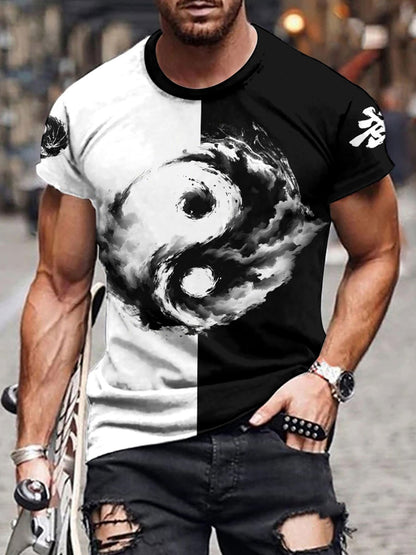 Տղամարդու Յին Յանգ 3D տպագրությամբ մարզաշապիկ՝ առօրյա, կլոր վզնոցով պոլիեսթերային մարզաշապիկ, թեթևակի ձգվող տրիկոտաժե գործվածք, սովորական չափս, 100% պոլիեսթերային մանրաթել, 100 գ/մ²