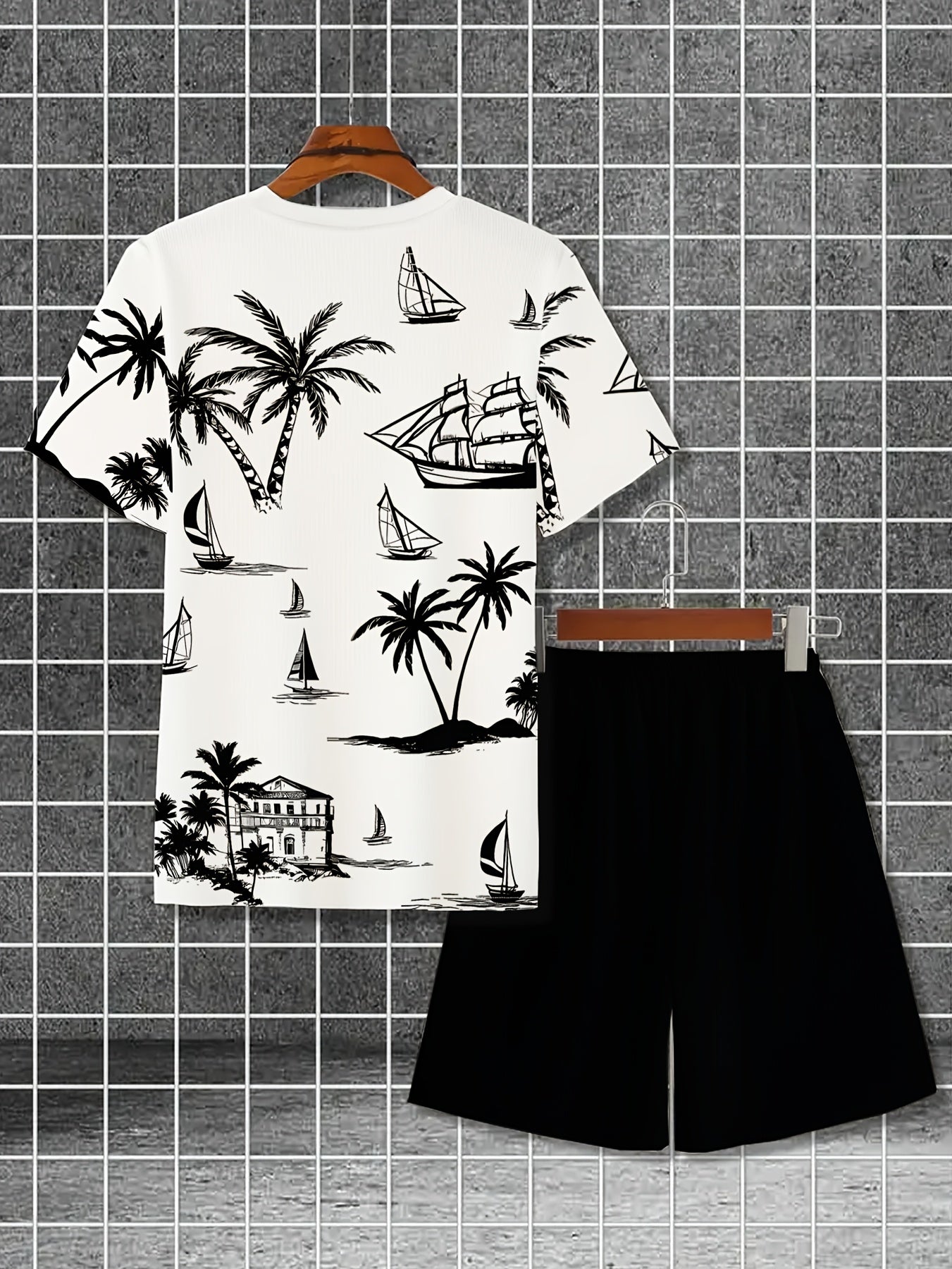 Men'S 2pcs Summer Outfit Set - Coconut & Yacht Print, Crew Neck, Knit Polyester 100%, Slight Stretch, Regular Fit, Casual Weekend Wear, 180gsm - Daily & Leisure Style