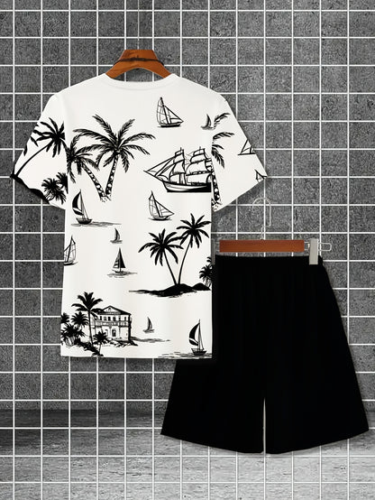 Men'S 2pcs Summer Outfit Set - Coconut & Yacht Print, Crew Neck, Knit Polyester 100%, Slight Stretch, Regular Fit, Casual Weekend Wear, 180gsm - Daily & Leisure Style