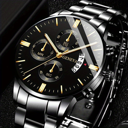 Men'S Luxury Black Stainless Steel Quartz Watch with a Date Feature, Ideal for Business Occasions. - ayq