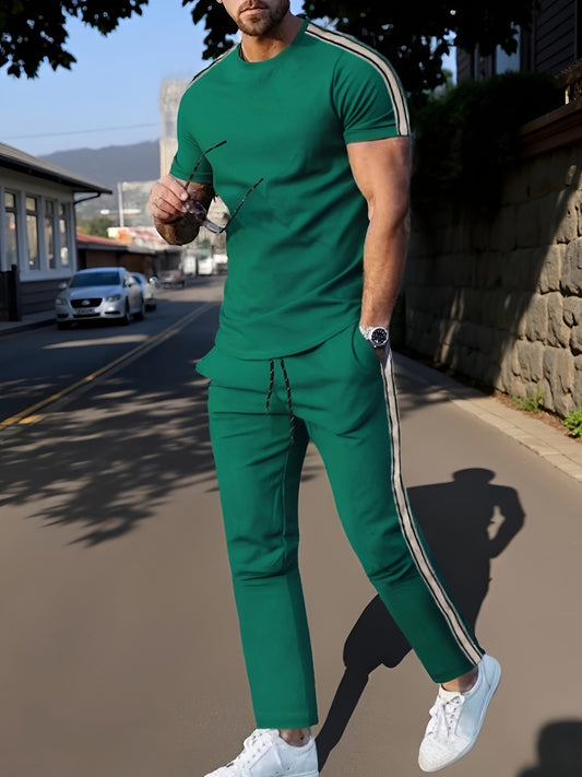 Սահմանային նոր ամառային 2 հատ կարճ թևքով մարզաշապիկ և երկար տաբատ, տղամարդու համար նախատեսված ամենօրյա սպորտային կոստյում, կողային շերտավոր, ամենօրյա և նորաձև տղամարդկանց 2 հատ հավաքածու