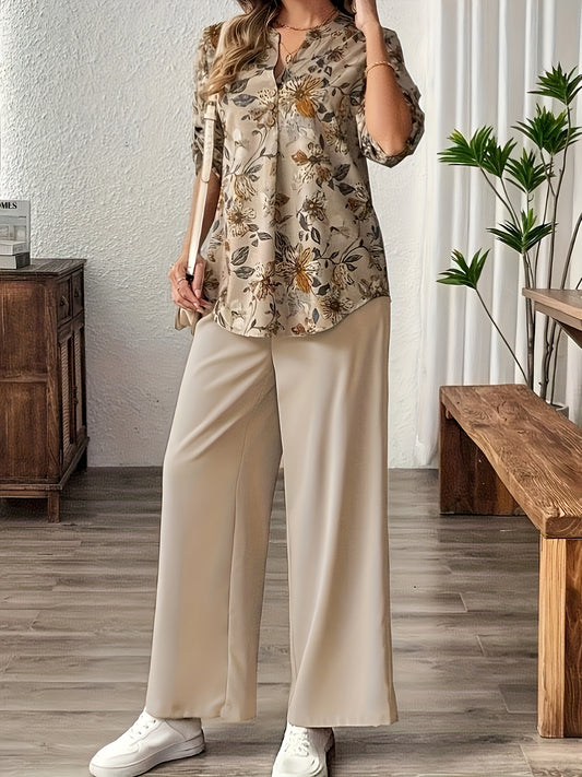 Կանացի ծաղկային նախշերով վերնաշապիկի և տաբատի հավաքածու