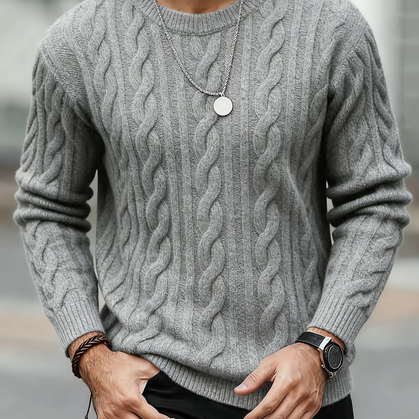 New Autumn-Winter Men's Casual Commuter Solid Color Crew Neck Knit Pullover