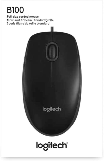Logitech B100 Corded Mouse, Wired USB Mouse for Computers and Laptops, Right or Left Hand Use - Black