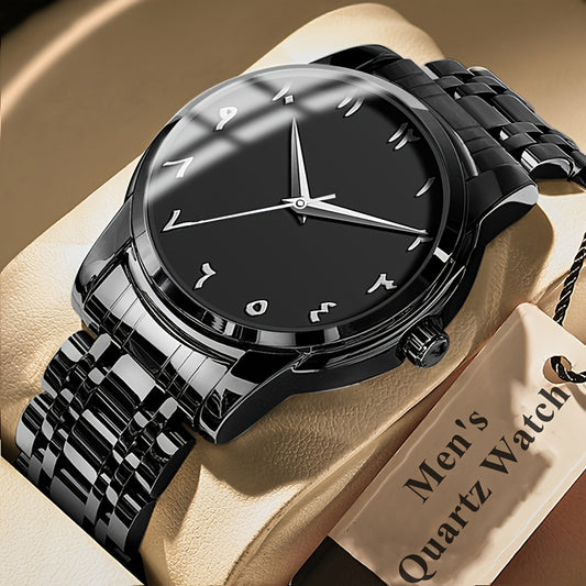 Men's Casual Arabic Numerals Quartz Watch - Scratch-Resistant HD Dial, IPX7 Waterproof, Stainless Steel Strap, Black & Golden Accents - Perfect Gift for Birthdays, Holidays & Family Reunions, Reliable Timepiece, Contemporary