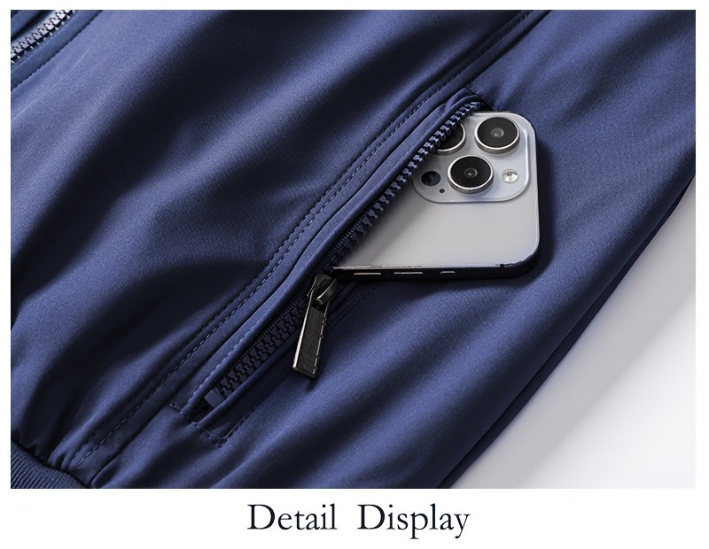 Տղամարդու առօրյա արքայական կապույտ բոմբեր բաճկոն՝ լիքը կայծակաճարմանդով, ազատ չափսերով, պոլիեսթերային, կանգնած օձիքով, երկար թևքերով, թեթև և դիմացկուն՝ գարնան և աշնան համար, առօրյա վերնազգեստ | երիզավոր թևքեր | դիմացկուն վերնազգեստ