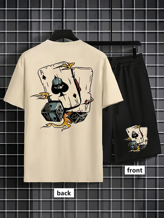 Տղամարդու տպագիր, կլոր օձիքով, կարճ թևքերով մարզաշապիկ և ժապավեններով շորտեր՝ առօրյա կոստյում, հարմար է ամռանը բացօթյա սպորտաձևերի համար, հարմարավետ և բազմակողմանի