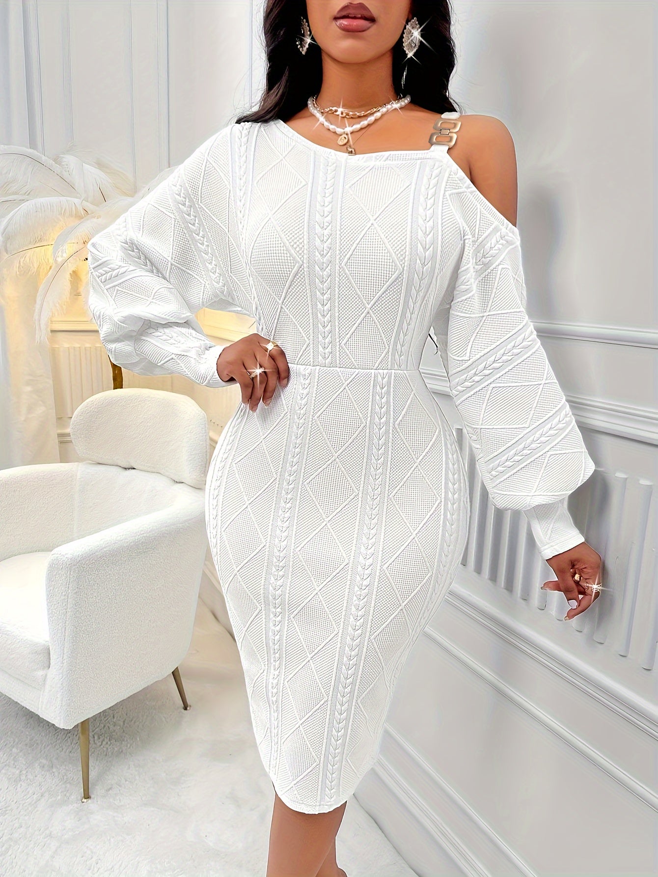 Շղթայական ժապավենով նեղ երկար թևքով զգեստ, էլեգանտ միագույն սառը ուսերով ասիմետրիկ վզնոցով զգեստ գարնան և աշնան համար, կանացի հագուստ