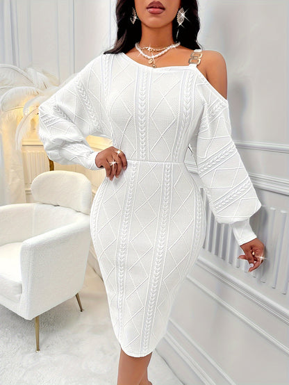 Շղթայական ժապավենով նեղ երկար թևքով զգեստ, էլեգանտ միագույն սառը ուսերով ասիմետրիկ վզնոցով զգեստ գարնան և աշնան համար, կանացի հագուստ