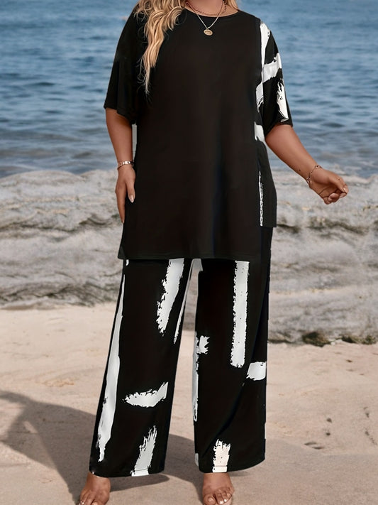 Մեծ չափսի կանացի սև տպագիր սվիտերի հավաքածու - առօրյա երկար թևքերով սվիտեր «LOVE» նախշով, լայն տաբատ, չձգվող գործվածք, իդեալական է աշնան և ձմռան համար, աշնանային ձմեռային հագուստ | առօրյա ոճ | հարմարավետ տեղավորում