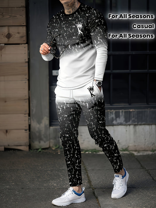 2 հատ տղամարդու գրադիենտային գույներով, պատահական նախշերով երկարաթև շապիկ + տաբատների հավաքածու, ամենօրյա համադրությունների հավաքածու բոլոր եղանակների համար