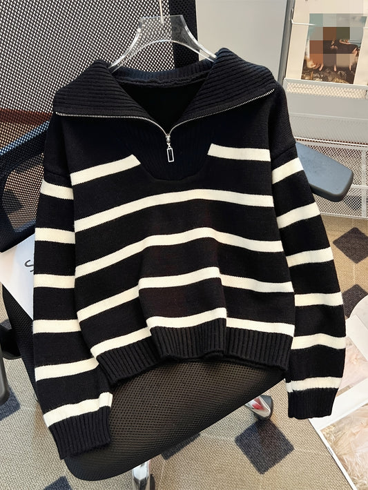 Elegant Striped Zip-Up Knit Sweater - Cozy Acrylic & Polyester Blend, Perfect for Fall/Winter, Cozy Sweater - ayq