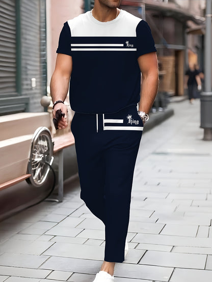 3D Digital Stripe Letter Crown Print - Suitable for Daily Outdoor Leisure Sports Men'S Two-Piece Set