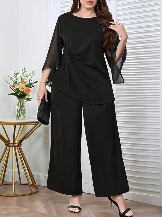 Plus Size, Classic oversized casual solid color 3/4 sleeve twist detail shirt and wide-leg pants set, suitable for daily wear, Women's summer outfits, vacation attire, wedding guest dresses, business casual, office wear, vint