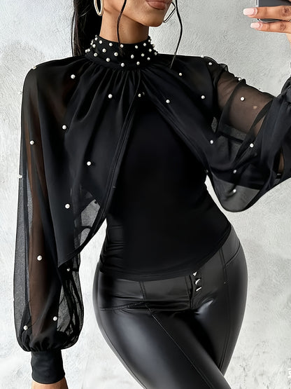 Կանացի էլեգանտ բաց ուսով/մեկ ուսով թունիկ վերնաշապիկ - կարմիր/ - երկար թևքով բլուզ մարգարիտանման ուլունքներով - պաշտոնական և ամենօրյա շքեղ հանդերձանք - գարուն/աշուն, նորաձևության սիրահարներ, ոճային բլուզ, որակյալ կար, նրբագեղ դիզայն, սե