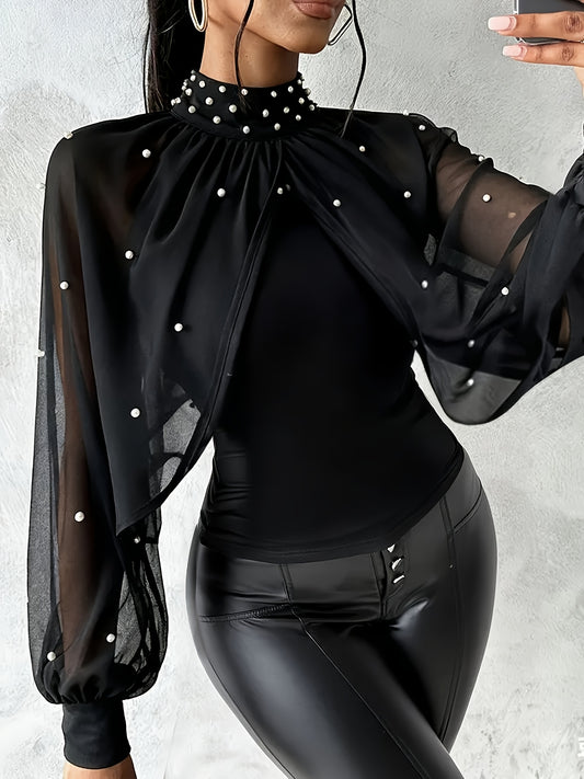 Կանացի էլեգանտ բաց ուսով/մեկ ուսով թունիկ վերնաշապիկ - կարմիր/ - երկար թևքով բլուզ մարգարիտանման ուլունքներով - պաշտոնական և ամենօրյա շքեղ հանդերձանք - գարուն/աշուն, նորաձևության սիրահարներ, ոճային բլուզ, որակյալ կար, նրբագեղ դիզայն, սե