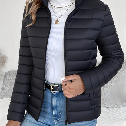 Women's Lightweight Winter Coat - Elegant Stand Collar Long Jacket, Machine Washable Cold Weather Outerwear for Fall/Winter, Formal & Everyday Use - Elegant Women's Outerwear, Casual Cold Wear, High Collar Design, Zipper Clos