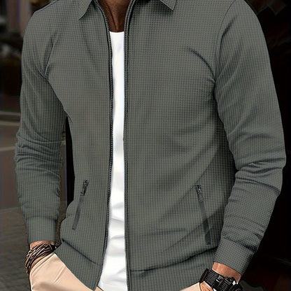 1 հատ տղամարդու ամենօրյա պոլիեսթերային կայծակաճարմանդով բաճկոն՝ օձիքով, միագույն, թեթևակի ձգվող, հյուսված կտորից, սովորական չափսերով, առանց աստառի - Գարուն/աշուն վերնազգեստ