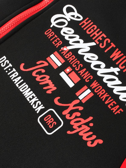 Men'S Bold Print Urban Streetwear Pullover Hoodie & Pants Set - Black & Red with "Saint" Design, Polyester, Long Sleeve, Regular Fit, Spring/Fall Casual Wear, Casual Streetwear Outfit|Bold Print Hoodie|Stretchy Fabric