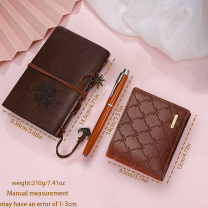 3pcs Wallet Set | Notebook + Bi-fold Wallet + Signature Pen | Casual Faux Leather, Light Brown Stripes | Ideal for Daily Use, Gifts for Men/Fathers on Valentine's, Christmas, Spring Festival