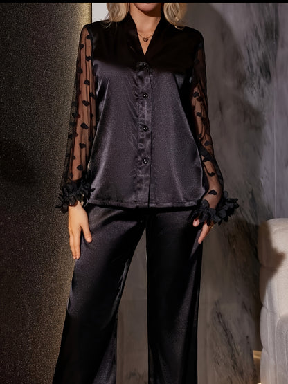 Կանացի եռաչափ ժանյակավոր սրտաձև ցանցով, փայտե ծաղկային թևքերով երկար թևքերով պիժամայի հավաքածու՝ ծալքավոր եզրով, միագույն, բոլոր եղանակների հարմարավետություն, երկար տաբատ, սպագետի ժապավենով օձիք, գրպանի փակում