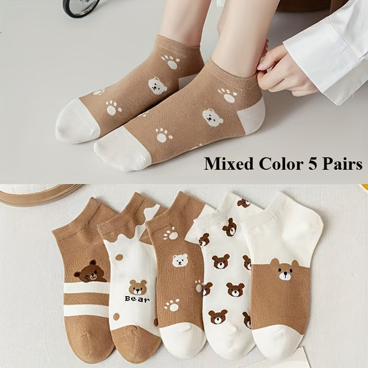 5 Pairs of Adorable Cartoon Bear Pattern Ankle Socks - Soft, Breathable, Comfortable, and Stretchy Women's Stockings and Hosiery for Casual Wear - Cute Gift Idea for Friends and Family - Ayq