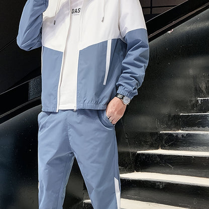 Տղամարդկանց գարուն-աշուն բացօթյա սպորտաձևերի մարզումների համար նախատեսված ամենօրյա գունային բլոկներով կարված վերնաշապիկով, կարգավորվող հավաքածու՝ տնային վերնաշապիկով և տաբատով, նորաձև քամուց պաշտպանող բաճկոնով, տաբատով, երկկտոր կոստյումով