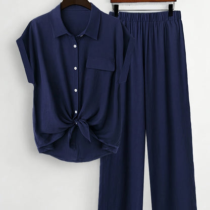 Մեծ չափի կանացի երկար թևքերով վերնաշապիկի և ուղիղ տաբատի հավաքածու