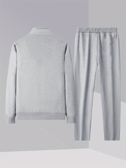 Men'S Casual Sportswear Set - Black Zip-Up Jacket & Pants with White Logo, Regular Fit, Spring/Fall Collection, Non-Stretch Fabric, Casual Attire|Zipup Jacket|Pants with Logo, Sweater Pants