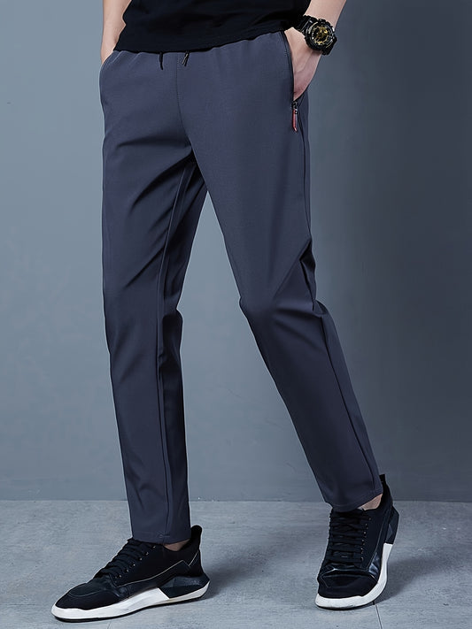 Men's Loose Solid Pants With Zipper Pockets, Casual Drawstring Barrel Trousers For Outdoor Activities Gift