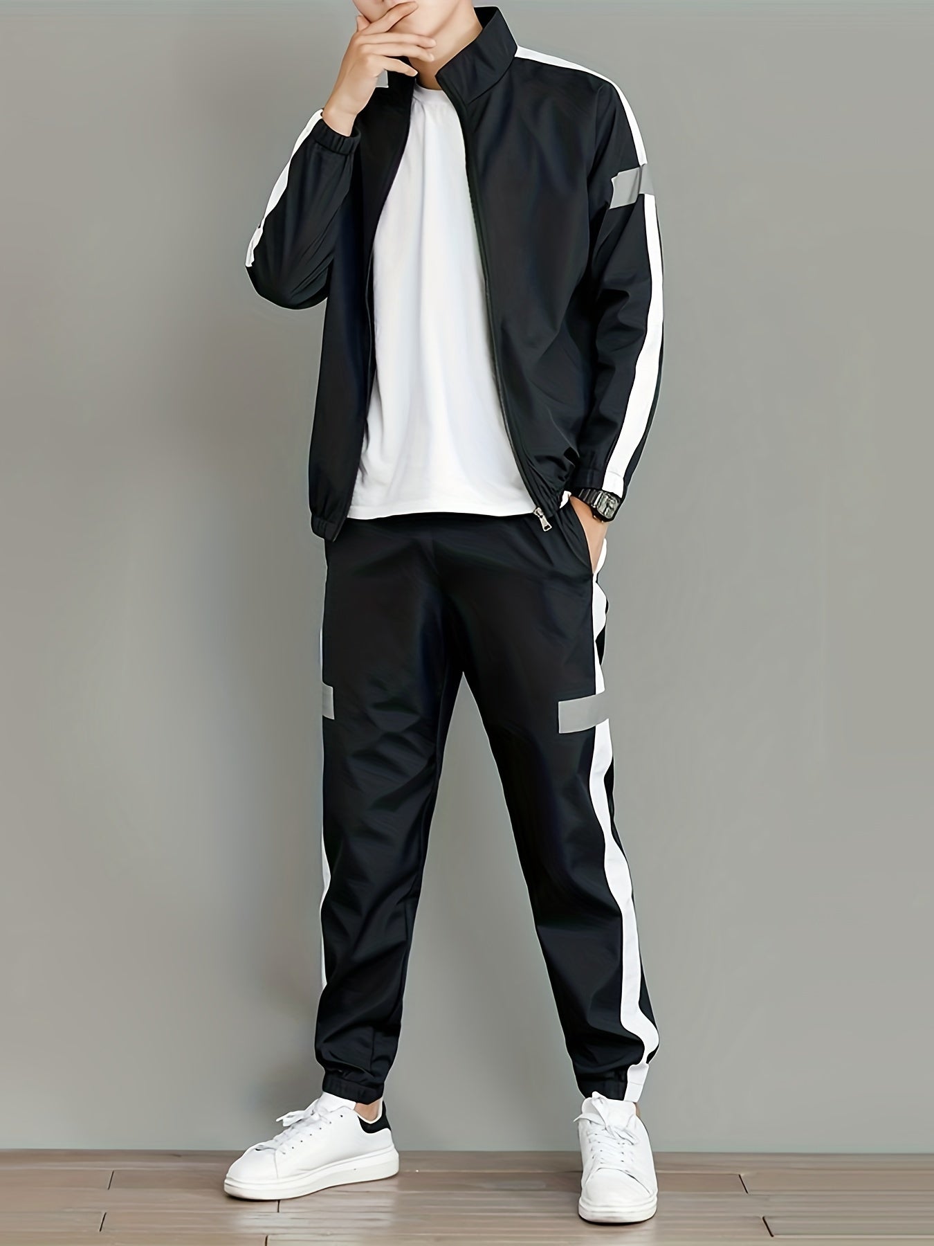 Spring and Autumn Men's Sports Suit, Two-piece Set of Top and Pants, Colorful Collar Long Sleeve