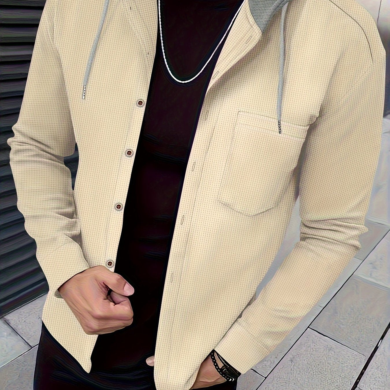 Տղամարդու առօրյա գլխարկով բաճկոն - փափուկ, շնչող պոլիեսթերից՝ կոճակներով դիզայնով և գրպաններով | Հիանալի է գարնանային, աշնանային և բացօթյա գործունեության համար, երկար թևքերով, նորաձև, ամենօրյա, հանգստի ոճով, ավանդական տարբերակով