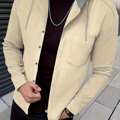 Տղամարդու առօրյա գլխարկով բաճկոն - փափուկ, շնչող պոլիեսթերից՝ կոճակներով դիզայնով և գրպաններով | Հիանալի է գարնանային, աշնանային և բացօթյա գործունեության համար, երկար թևքերով, նորաձև, ամենօրյա, հանգստի ոճով, ավանդական տարբերակով