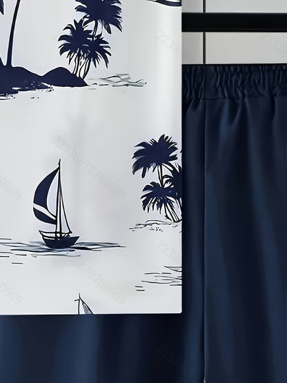 A set of 2 stylish Men's palm tree pattern summer fresh T-shirts and shorts, micro-stretch polyester knit fabric with a fitted fit, suitable for outdoor activities and family gatherings.