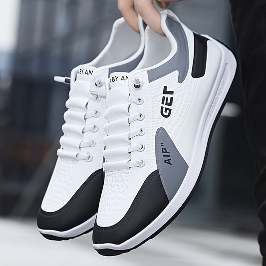 Men's White/Grey/Black Casual Sneakers - Low-Top Lace-Up Shoes with Cushioned Rubber Sole, PU Upper  Fabric Lining - Lightweight Everyday Walking Shoes for Gym, Office, Travel - Minimalist Athletic Footwear, Shoes Sneakers,