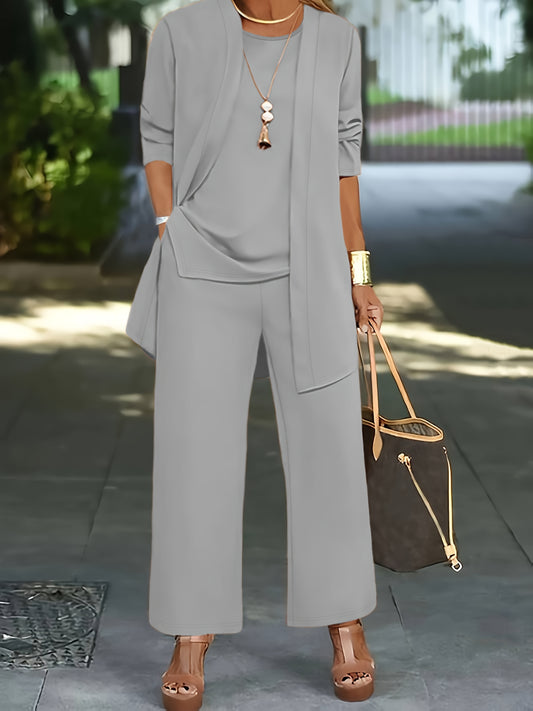 Մեծ չափս - Գարուն և աշուն կանացի պարզ, առօրյա, միագույն բաճկոնի վերնամասով կարդիգան + կլոր վզնոցով անթև ժիլետ + առաձգական գոտկատեղով, գրպաններով, ուղիղ տաբատ, եռամասանոց հավաքածու, աշխատանքի համար նախատեսված կոստյում