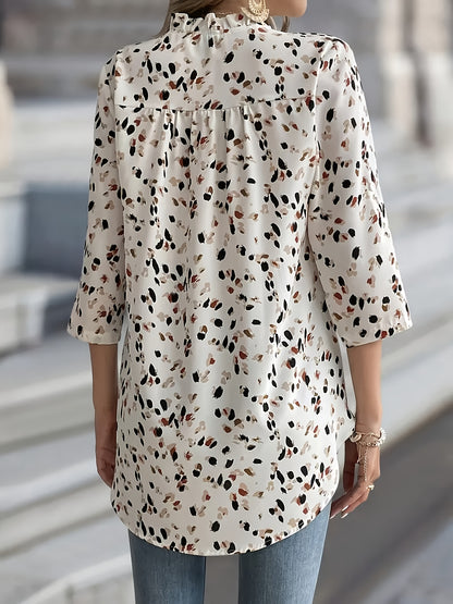 Էլեգանտ V-Neck բլուզ, կանացի պոլիեսթեր, 100% ազատ պրինտով վերնաշապիկ, գլորված թեւերով գարուն/ամառ/աշուն. Մերձավորարևելյան ոճի հյուսված թեթև վերնաշապիկ