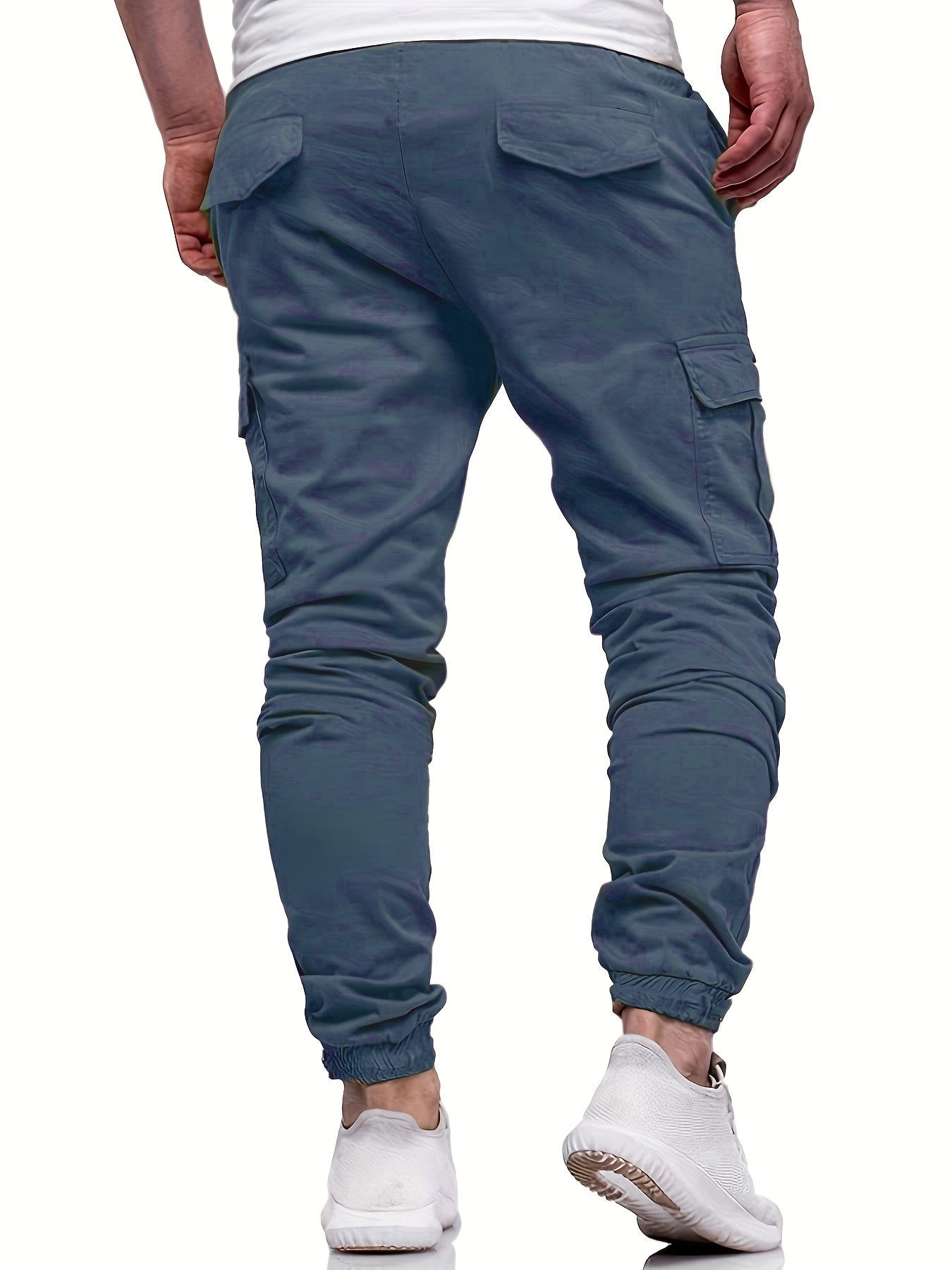Men's Fashion, Regular Fit And Cuffed Solid Cargo Pants With Flap Pockets, Chic And Trendy Solid Drawstring Leisure Trousers For Daily Outerwear - ayq