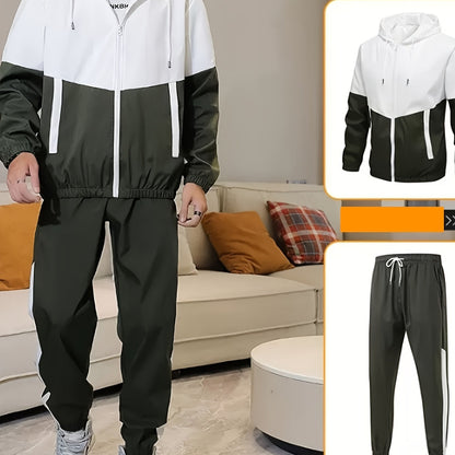 Տղամարդկանց գարուն-աշուն բացօթյա սպորտաձևերի մարզումների համար նախատեսված ամենօրյա գունային բլոկներով կարված վերնաշապիկով, կարգավորվող հավաքածու՝ տնային վերնաշապիկով և տաբատով, նորաձև քամուց պաշտպանող բաճկոնով, տաբատով, երկկտոր կոստյումով